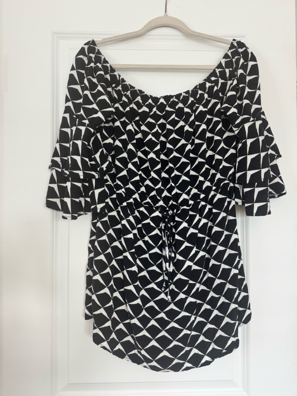 Black & White Geometric Off-Shoulder Midi Dress with Drawstring Waist